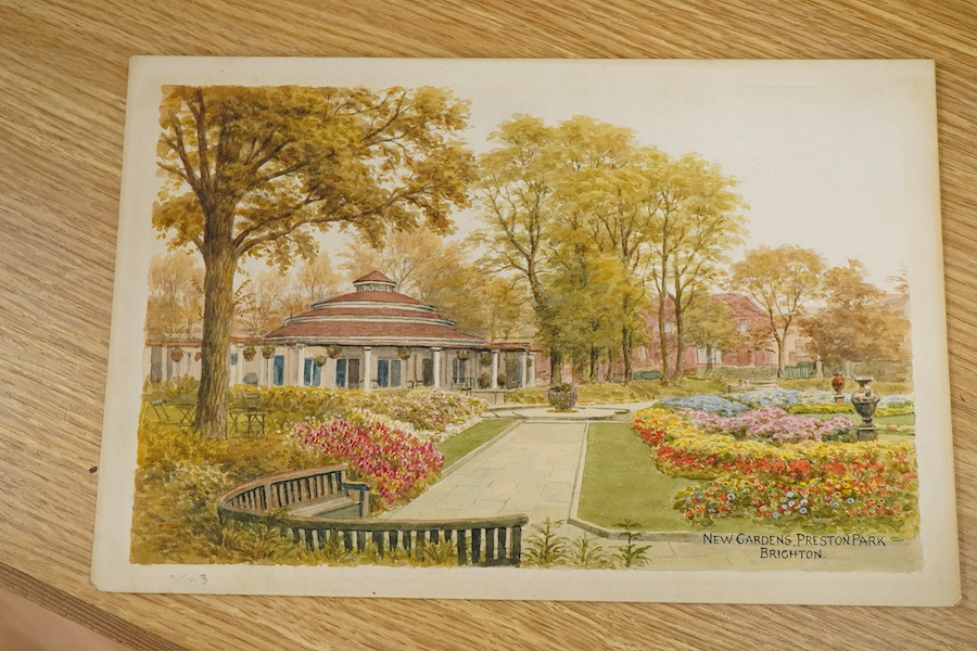 Sir Alfred Robert Quinton (1853-1934), Set of eight original watercolours for postcard designs, Sussex views to include Mermaid Street, Rye, Old Town, Hastings and Preston Park, Brighton, each monogrammed, signed or insc